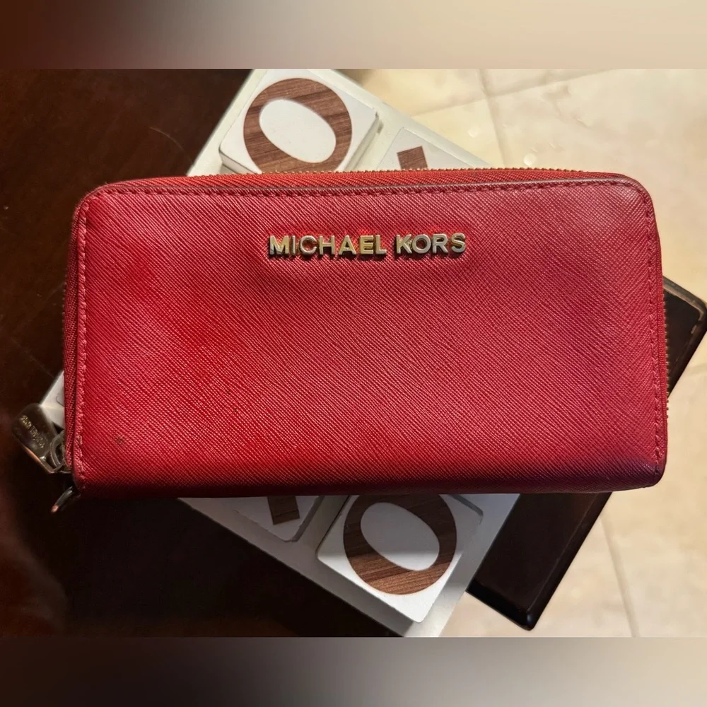 Michael Kors Red Saffiano Zip Wallet with Gold Logo